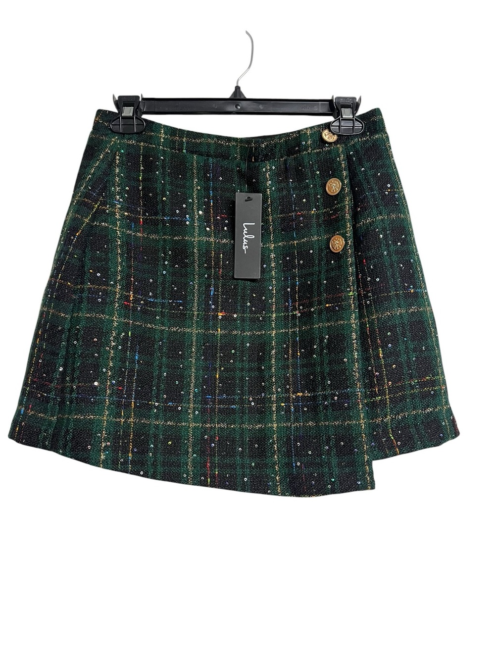 New Lulus Adorable Posh Dark Green Multi Plaid Tweed Faux Wrap Mini Skirt